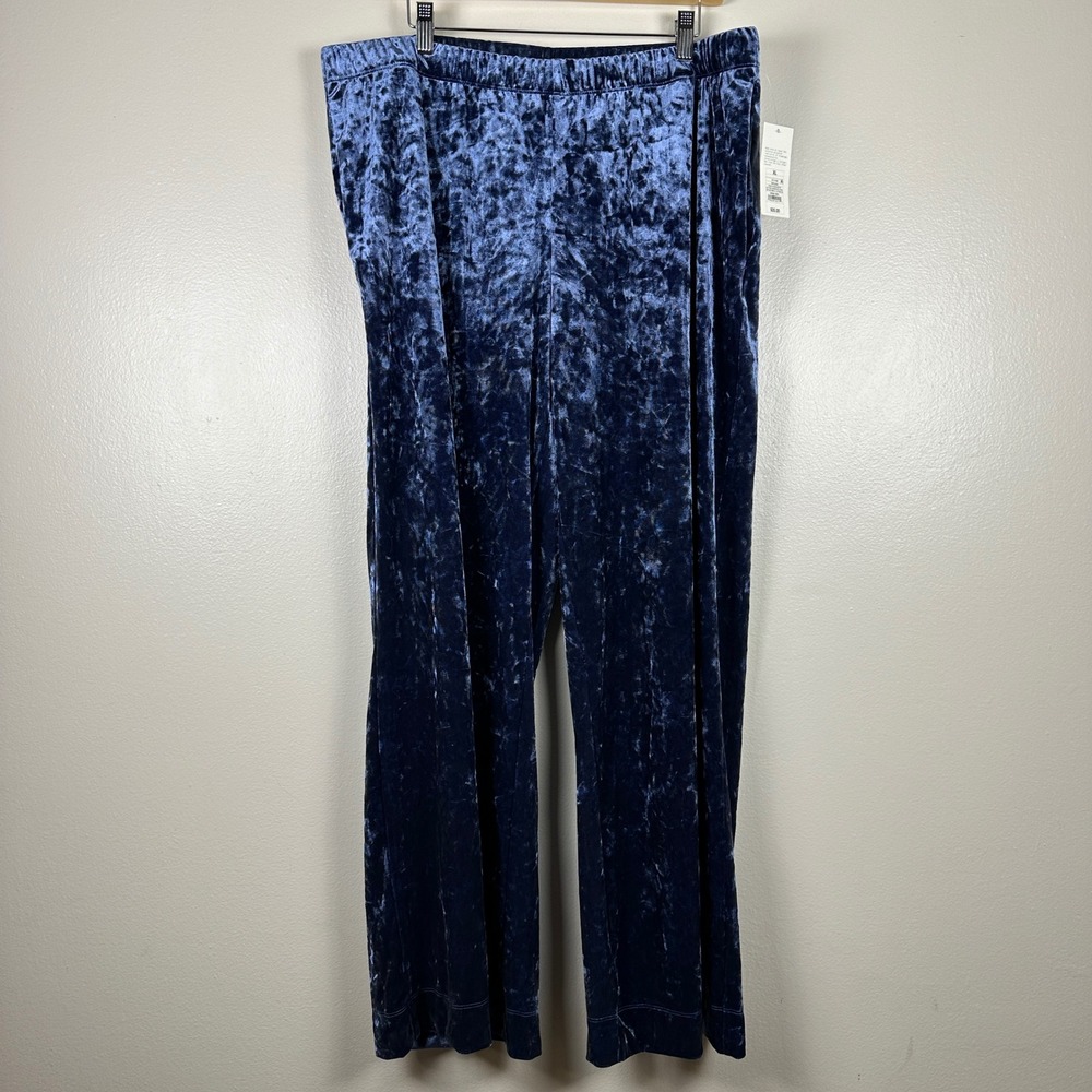 A New Day Women's XL Wide Leg Pants Navy Blue Crushed Velvet Elastic Waist NEW
